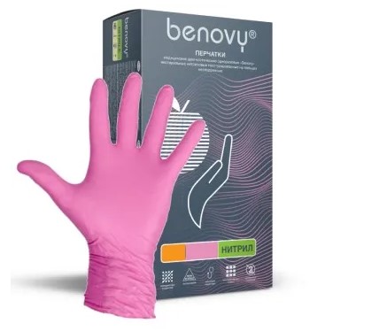 Перчатки BENOVY, нитриловые 4 гр., РОЗОВЫЕ, 50 пар (100 шт) XS